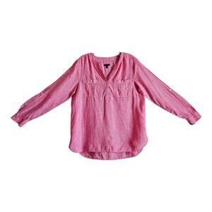 TALBOTS Women's M Linen Shirt Red V-Neck Buttons Long Roll Tab Sleeve 40"